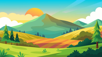 Vector illustration of a summer landscape with natural scene gradient hills, abstract background suitable for wallpaper, banner, and greeting card