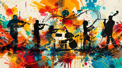 A colorful painting of a group of musicians playing instruments