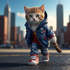 A stunning 3D rendering of an adorable, anthropomorphic kitten-model, standing upright on two legs and strutting down the runway like a seasoned professional.
