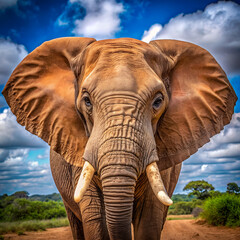 Close-up of a majestic elephant with tusks standing in the savannah, under a cloudy sky