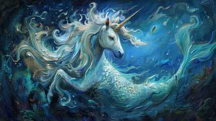 A painting of a unicorn with a fish tail and a blue background