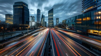 Fototapeta premium wide angle photo of a city road with a speed blur in the evening.