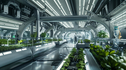 A futuristic agricultural research facility, advanced hydroponics, robotic plant care, scientists conducting experiments, high-detail, innovative and sustainable.Highly detailed