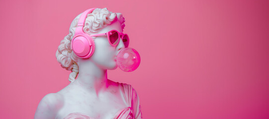 goddess in pink sunglasses and headphones, blowing bubblegum. Greek statue,modern art, pop culture...