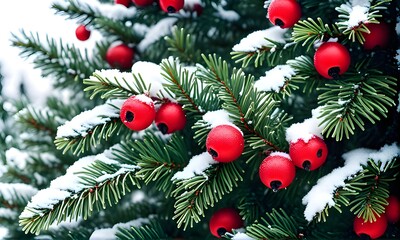 Close-up of Christmas tree, red berries and snow, big banner. Generative AI