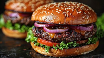 Two hamburgers topped with onions and lettuce placed on a black surface.