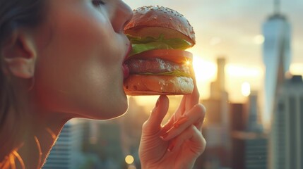 A woman is enjoying a juicy hamburger as the sun sets, savoring every bite of the staple food. The ingredients tantalize her taste buds as she admires the colorful sky and clouds AIG50