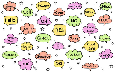 Speech ballon set. Cartoon style speech bubbles with handwritten text. Vector illustration