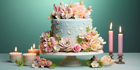 An elegant floral birthday cake in pastel colors, featuring intricate detailing, set against a vivid background, captured in HD.