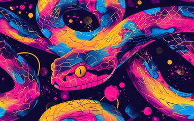 A vivid, neon-colored artwork featuring intertwined snakes with a cosmic background. The primary colors are pink, yellow, and blue.