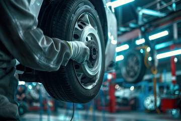 mechanic's hands aligning car wheels