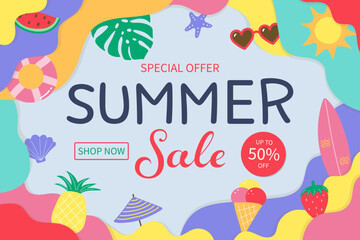 Colourful abstract Summer Sale background. Poster or banner with holiday elements. Vector illustration