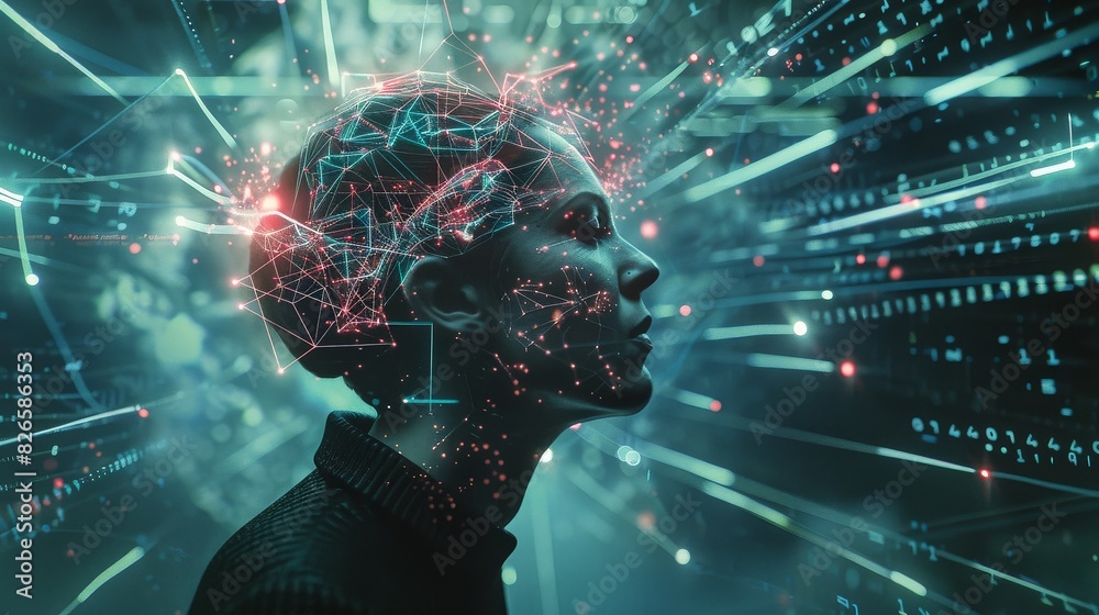 Aufkleber a mans head is surrounded by intricate lines and dots, with a visible brain chip implant connected.