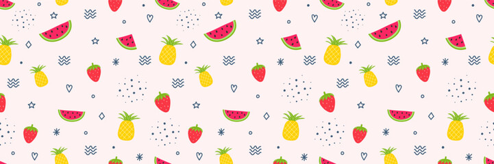 Colourful summer background with hand drawn fruits. Creative seamless pattern. Vector illustration