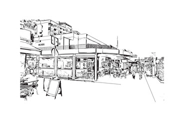 Print Building view with landmark of Santa Ponsa is the village in Spain. Hand drawn sketch illustration in vector.