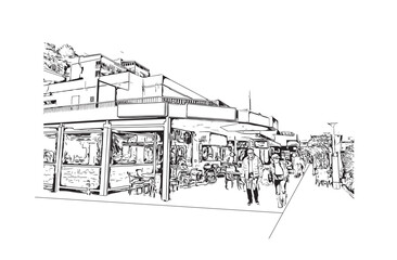 Print Building view with landmark of Santa Ponsa is the village in Spain. Hand drawn sketch illustration in vector.