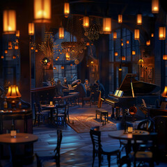 A serene jazz club, dim lighting, intricate details, musicians playing saxophones and pianos, cozy seating, high-detail, intimate and atmospheric.3D vector illustrations