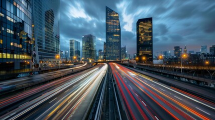 wide angle photo of a city road with a speed blur in the evening.