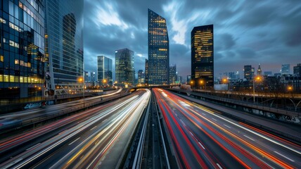 Obraz premium wide angle photo of a city road with a speed blur in the evening.
