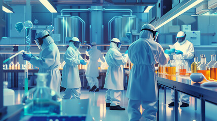 A team of doctors and scientists in a high-tech lab, conducting virus research, advanced protective gear, sterile environment, high-detail, collaborative and focused atmosphere.3D vector illustrations