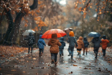 Fototapeta premium Group of children, one holding a red umbrella, playing in the rain on a path surrounded by trees with a blurred background of a park.. AI generated.