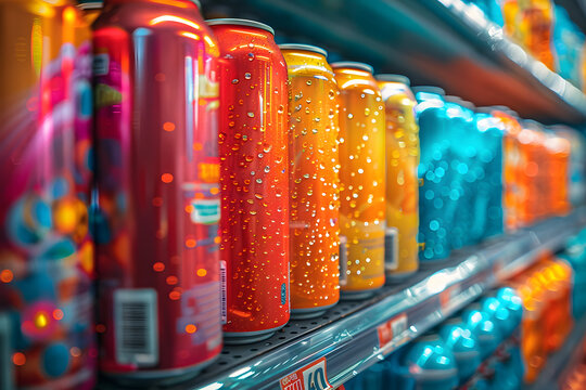 Colorful soda cans on supermarket shelf