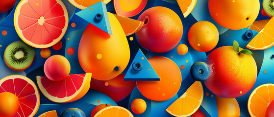 A vibrant abstract background featuring floating geometric shapes of various fruits, bright colors, bold contrasts, seamless pattern, high-detail, energetic and playful atmosphere.Close-up