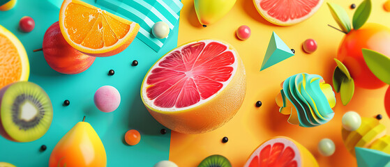 A vibrant abstract background featuring floating geometric shapes of various fruits, bright colors, bold contrasts, seamless pattern, high-detail, energetic and playful atmosphere.Close-up