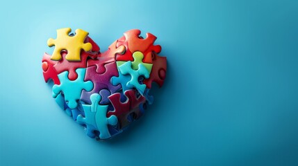 Colorful puzzles are assembled in the shape of a heart on isolated blue background with space for copy