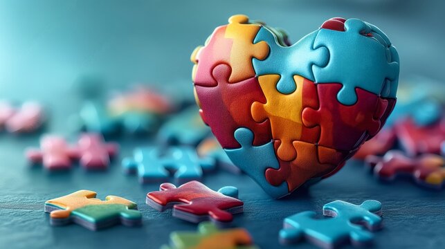 Colorful puzzles are assembled in the shape of a heart on isolated blue background with space for copy