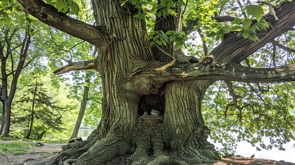 Fototapeta premium A bird occupies a nest in an ancient, massive tree, situated in a park's center