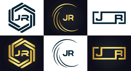 JR logo. J R design. White JR letter. JR, J R letter logo design. J R letter logo design in FIVE, FOUR, THREE, style. letter logo set in one artboard. J R letter logo vector design.