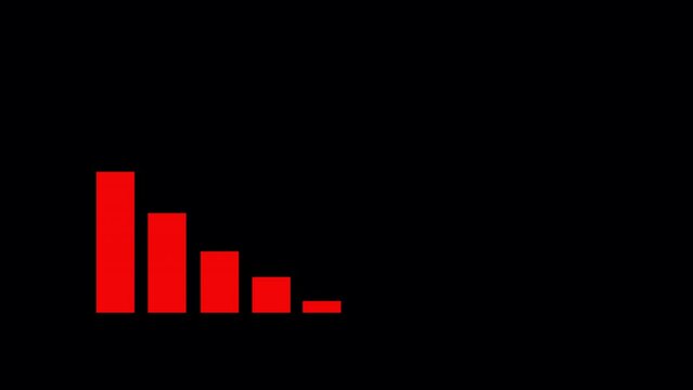 Chart falling to bottom, economic report with decreasing trend, isolated red bars and arrow down on black background