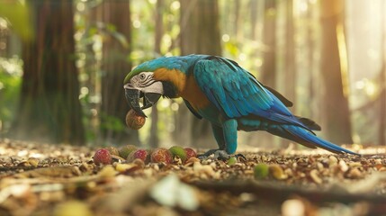  A blue and yellow bird perched on a leaf, holding a nut in its beak