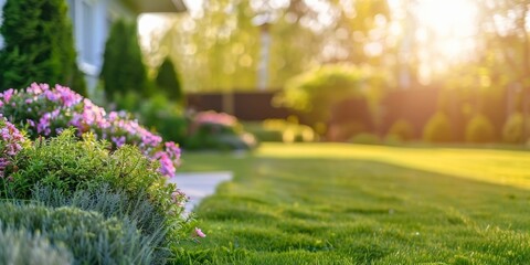 Obraz premium A close up of a lawn with a house in the background 