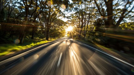 wide angle photo of a road tree on sides with a speed blur and sun flare. cannon 5d mkIV --chaos 10 --ar 16:9 Job ID: 3aeb2f5a-3aee-4fc8-8137-56c7b82c9154