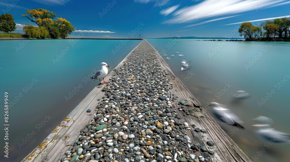 Wall mural a seagull perched on a pier overlooking the water, surrounded by soaring seabirds - Wall murals