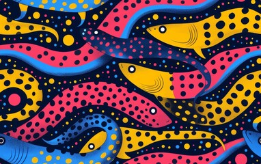 Naklejka premium Colorful abstract fish pattern with yellow, blue, and pink tones on a dark background.