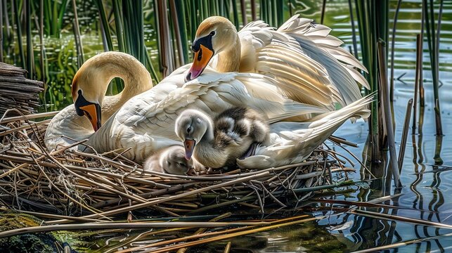   A pair of birds perched atop a lake's nest surrounded by reeds