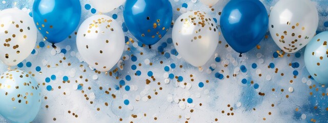 Vibrant Birthday Celebration with Blue and White Balloons and Golden Confetti. Festive Party Decorations. 4K HD Wallpaper