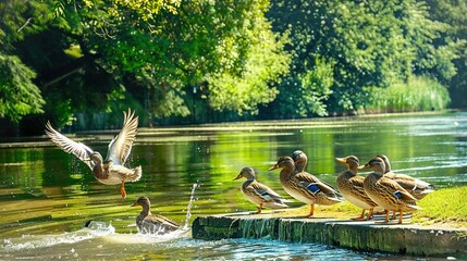   A group of ducks perched atop water, surrounded by a verdant forest filled with towering trees