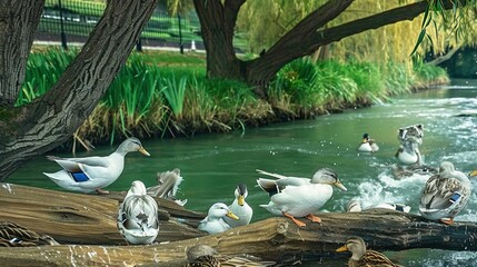   Ducks perched atop water near verdant park