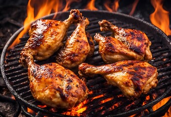 grilled chicken on the grill, fiire, black background