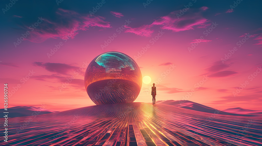 Poster surreal vaporwave scene with golden ball on the landscape with mountains and sea. 90s styled abstrac