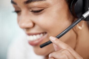 Woman, closeup and microphone on headset in office for support, customer with problem in Africa. Female consultant, smile and help with headphones for telemarketing, service for debt review or loan