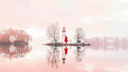   Red and white lighthouse in the center of a vast body of water surrounded by trees in the background