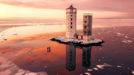   A lighthouse stands tall on a tiny island surrounded by water, with a vibrant pink sky in the backdrop