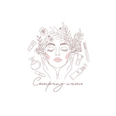 Elegant Logo. line art Floral Face Logo surrounded by cosmetics and skincare products for Beauty and Skincare Branding Design