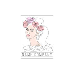 Logo, Line Art of Woman With Rosa Flower Headpiece for Name Company Branding, suitable for a fashion or beauty company or wedding industry