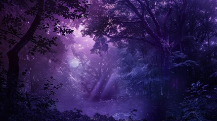 Immerse the viewer in a spellbinding atmosphere of a mystical forest under a purple twilight sky Showcase the interplay of light and shadows on intricate foliage